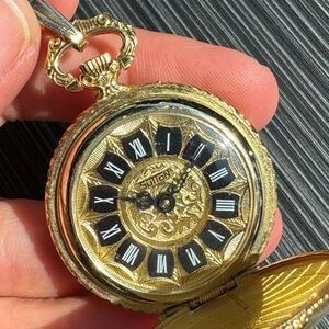 Vintage Sutton Pocket Watch Pendant Etched Floral Gold Tone Case Timepiece